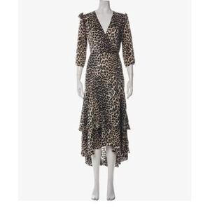 Ganni 100% Silk Leopard Cheetah Print Wrap Ruffle Midi Dress 40 / 8